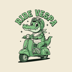 Cute cartoon crocodile riding a vintage Vespa scooter