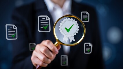 A magnifying glass highlights a quality assurance certificate with approval