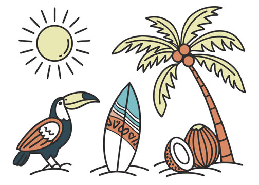 Stylized Tropical Flat Icons with Sun, Sea Waves, Surfboard, Palm Trees on an Island, and Flying Birds