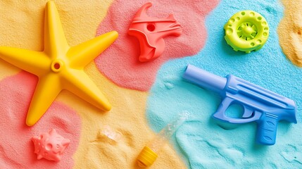 Colorful summer fun awaits with vibrant beach toys scattered on a sandy shore ready for playtime