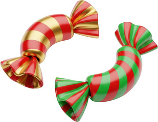 Two wrapped candies one red and gold striped the other red and green striped Candy transparent background