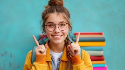 Happy schoolgirl in glasses with books, ready for back to school
