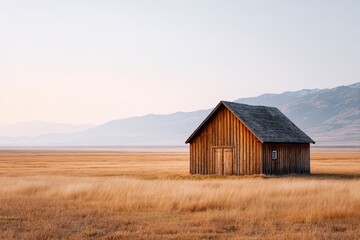 Rustic wooden cabin stands alone in vast golden grassland, surrounded by distant mountains under a soft pastel sky, evoking tranquility and solitude