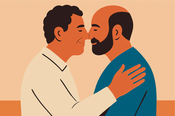 Affectionate same sex couple embracing in a tender LGBTQ illustration