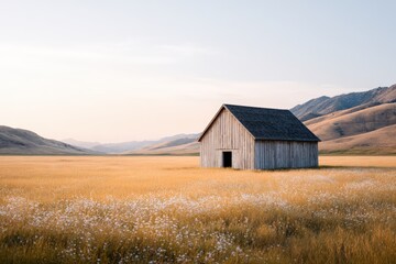 Rustic wooden barn stands alone in a vast golden field, surrounded by rolling hills and a serene sky, evoking a sense of tranquility and solitude