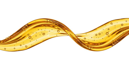 A sinuous wave of rich golden liquid with suspended spherical bubbles elegantly flowing across an immaculate stark white background, captured from a top-down view with a macro lens. Concept for