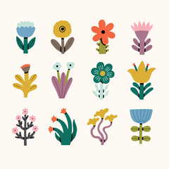 Spring Flower with Leaf Abstract Icon Set. Cute Floral Plant Element Collection. Vector Flat Illustration