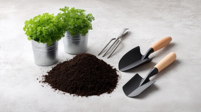 Gardening tools arranged with soil and potted herbs on a textured surface, showcasing the essentials for planting and nurturing plants