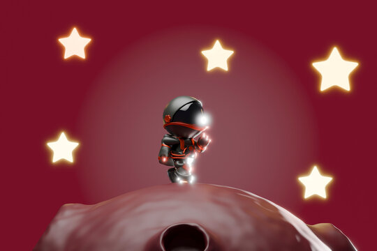 3d cartoon astronaut exploring asteroid with stars in space