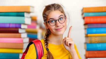 Happy schoolgirl in glasses with books, ready for back to school