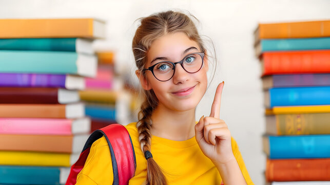 Happy schoolgirl in glasses with books, ready for back to school