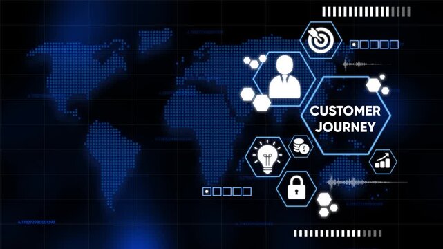 Animated customer journey map with a global perspective and business icons displayed - Powered by Adobe