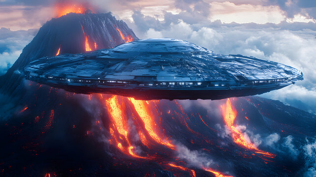 Futuristic flying saucer over volcano