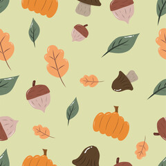 Pumpkin, orange, green leaves, and an acorn on a yellow background. Autumn seamless pattern for clothing, fabric, wallpaper, backdrop, home decoration, cover book, and wall art.