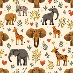 Seamless Animal Pattern with Elephant Giraffe and Foliage