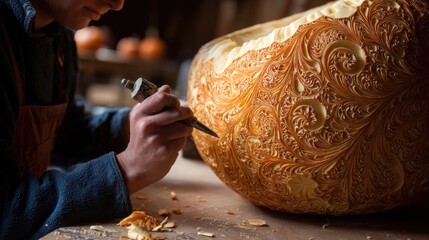 Carving intricate patterns on a large pumpkin