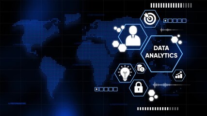 Digital data analysis and worldwide statistics graphic overlay with technological elements - Powered by Adobe