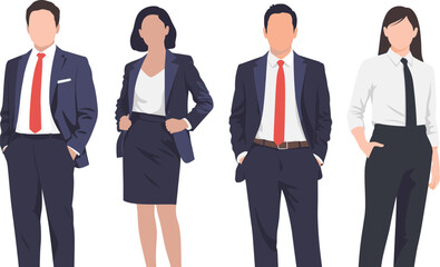 Diverse Business People Characters Set: Professional Men and Women in Formal Attire, Ideal for Corporate, Office, and Teamwork Concepts, Flat Vector Illustration.