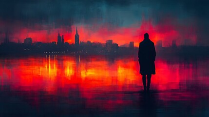 Fototapeta premium Silhouette of a person standing on a waterfront cityscape at sunset.