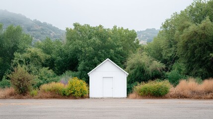 Small white shed stands alone amidst lush greenery and wildflowers, creating a serene and tranquil atmosphere in a natural setting