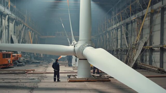 Engineer Supervising Wind Turbine Assembly in a Manufacturing Plant