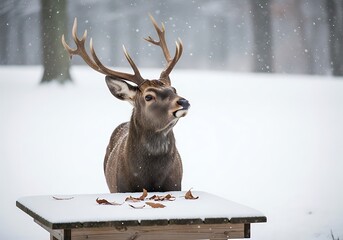 Illustration of majestic stag with large antlers eating in the snow