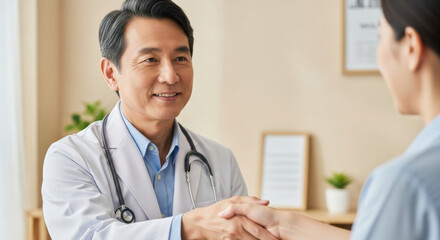 Fototapeta premium Friendly experienced doctor greeting patient with warm handshake during medical consultation in bright modern clinic confident physician builds trustful relationship ensuring comfortable care