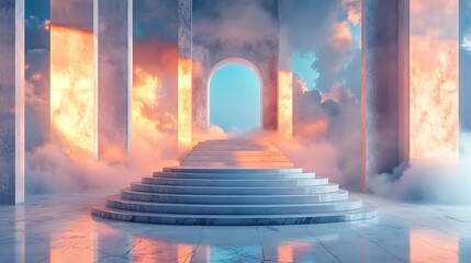 Stunning marble staircase leads to a dreamy sky portal, perfect for spiritual or inspirational concepts
