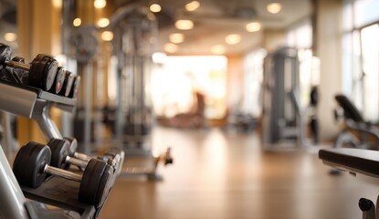 Fototapeta premium Gym interior, blurred weights and equipment