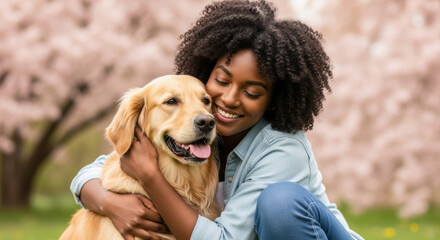 Smiling young woman hugs affectionate golden retriever dog in park with blooming spring trees, joyful companionship in nature, weekend relaxation and happiness outdoors