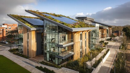 Obraz premium Modern Sustainable Building with Green Roof and Solar Panels on Sunny Day