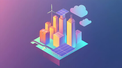 Isometric cityscape illustration with renewable energy sources