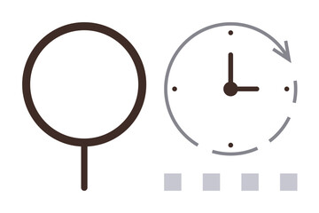 Minimalist magnifying glass, clock with arrow and four boxes represent analysis, time tracking, workflow process. Ideal for scheduling, productivity, planning, goals, organization focus simple flat