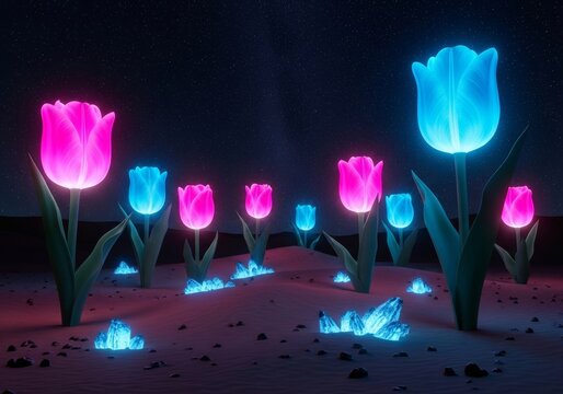 Glowing neon tulips in a surreal alien landscape under a starry night sky