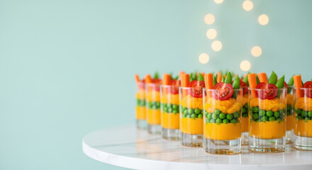 Colorful vegetable appetizers in glass cups arranged on round white table with carrots, peas, tomatoes, and creamy dip in pastel background and festive lights