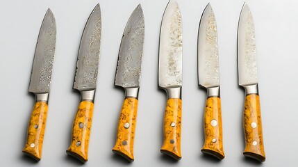 Stunning collection of artisan chef knives with damascus steel blades and elegant yellow handles