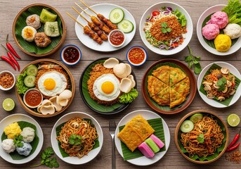 Vibrant overhead spread of diverse Southeast Asian and Indonesian dishes. Includes savory satay, fried rice, and noodles, beautifully arranged on a rustic wooden table.