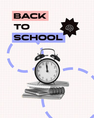 Creative back to school concept featuring an alarm clock, notebooks, and playful graphics in a...