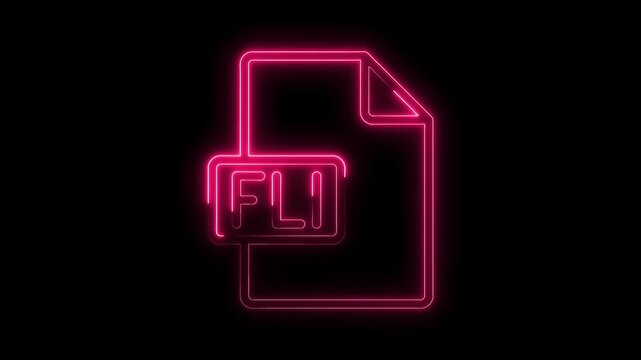 Glowing neon F L I file format icon animation vibrant pink light symbol on transparent black background