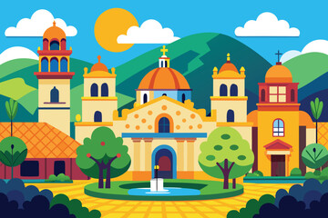 Fototapeta premium Colorful Illustration of a Spanish Mission with Mountains Sun and Trees