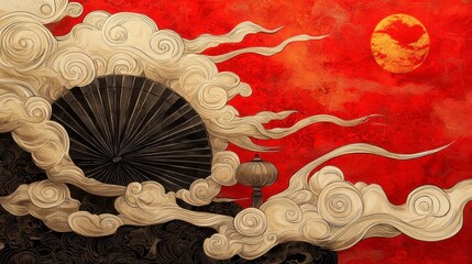 Celestial Scene with Clouds, Sun and Traditional Elements in Red