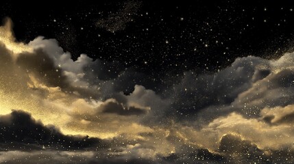 Golden and Black Clouds with Sparkling Stars at Night