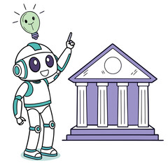 Robot with lightbulb idea near classical building cartoon friendly