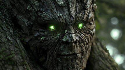 Enchanting tree spirit with glowing green eyes watches from the forest depths, perfect for fantasy designs