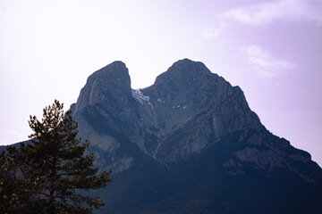 Spectacular shape of a peak rock mountain in a famous landmark in Catalonia called Pedraforca hiking landscape