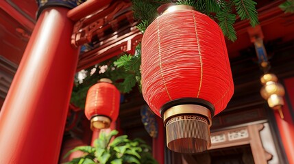 Vibrant Red Lanterns Hanging in a Traditional Asian Setting