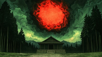 Dramatic Red Sky Over Serene Forest Landscape with Ancient Structure