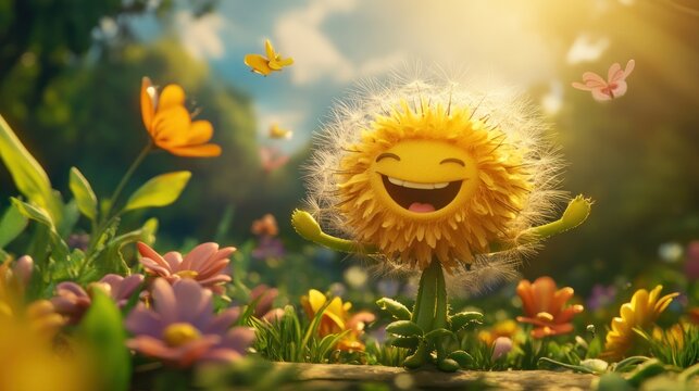 Fototapeta Cheerful dandelion character in a vibrant flower garden, surrounded by butterflies and sunshine.