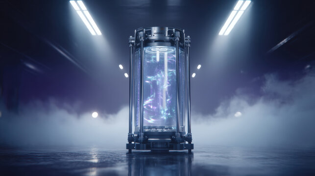 Antimatter Engine, An antimatter containment unit, with swirling, iridescent energy particles visible inside, The background is a dark purple. This scene symbolizes ultimate power.