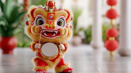 Colorful Lion Dance Costume with Drum in Festive Celebration Setting